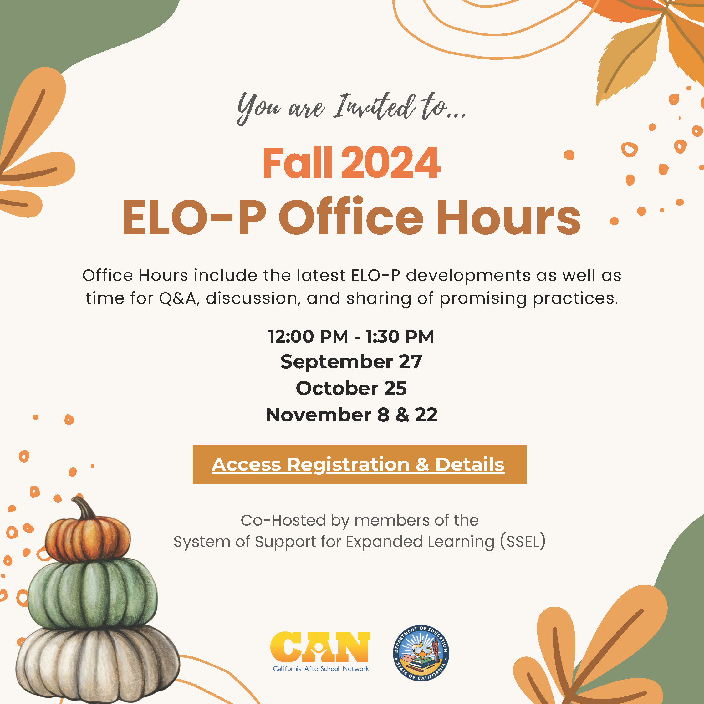 a fall-themed flyer with details for a set of meetings